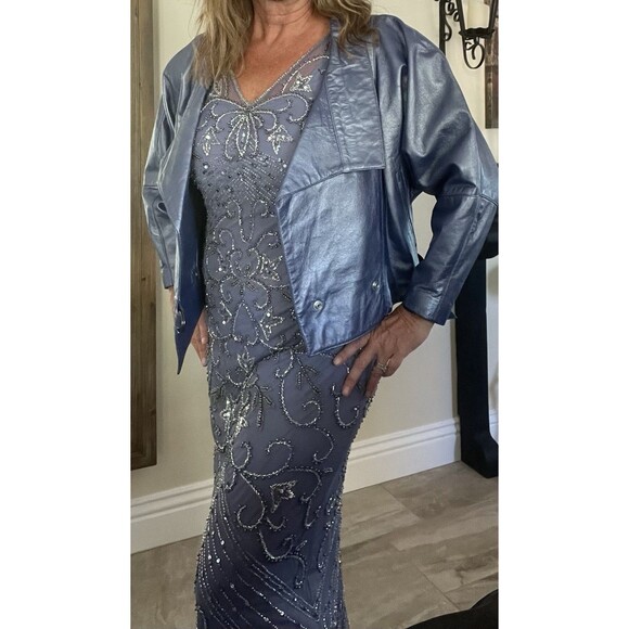 Vintage 80s Nora Ritti Oversized Blue Leather Jacket Belted Cropped Moto Style M - Picture 15 of 16